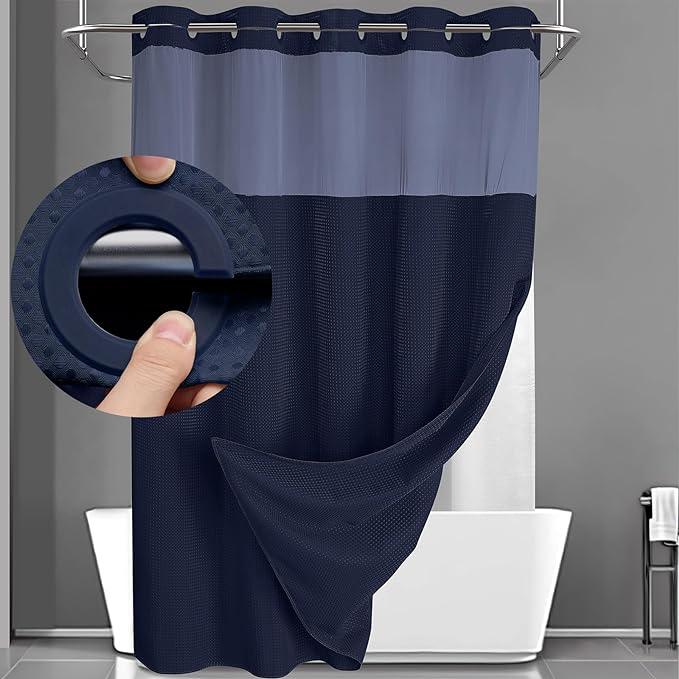 No Hook Shower Curtain with Snap in Liner Set Grey Waffle Shower Curtain for Bathroom 75