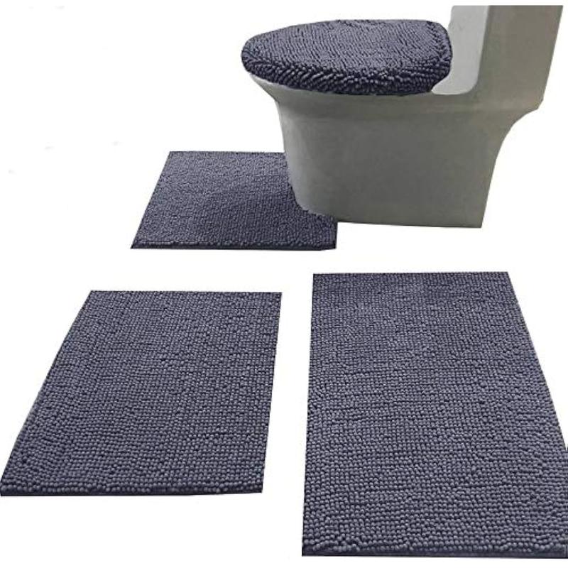 Chenille Bath Rug Set 4 Piece with Toilet Lid Cover and Rug Set Combo, Soft Shaggy Bath Rug Set 3 Piece and U-Shaped Toilet Floor Rug Dark Gray