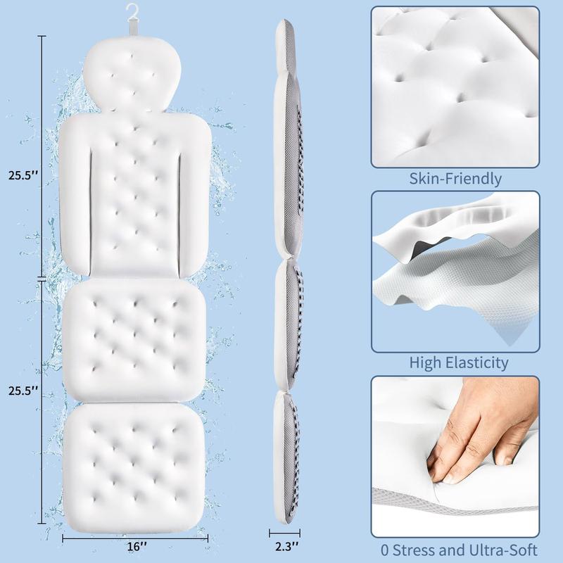 Luxury Bath Cushion, Full Body Bathtub Pillow with 160 Suction Cups, Bath Mat for Head and Neck Support, with Laundry Bag (White, 51.2