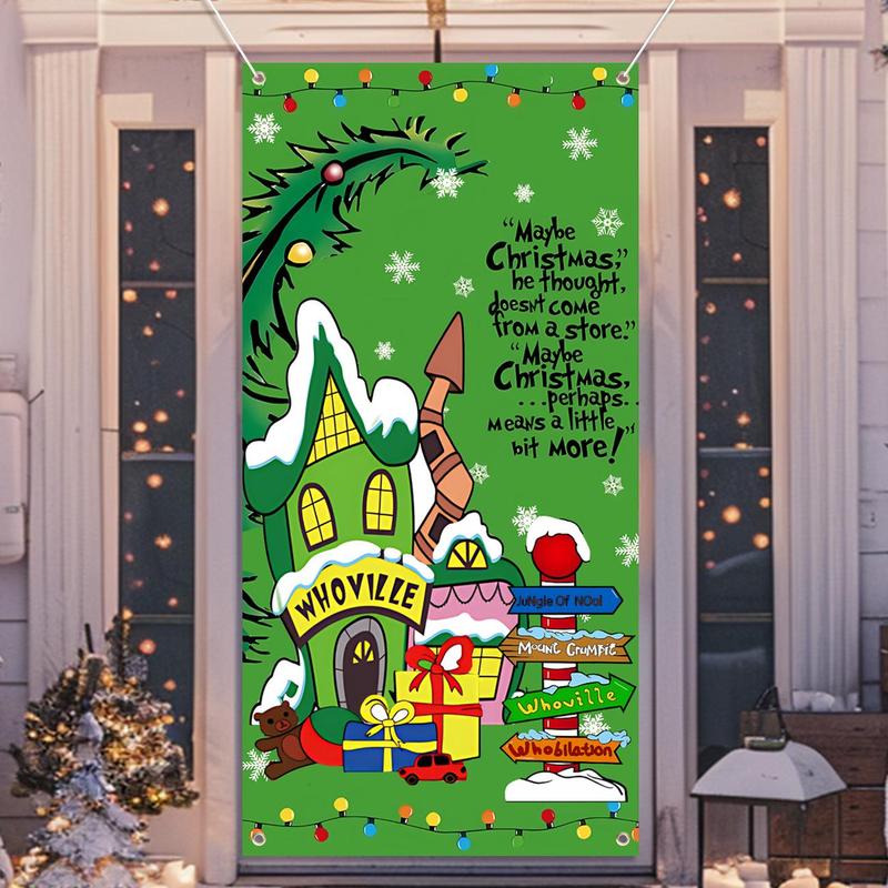 Merry Christmas Door Cover, Cartoon Pattern Door Hanging Banner, Winter Holiday Party Decorations Backdrop, Home Decor Supplies