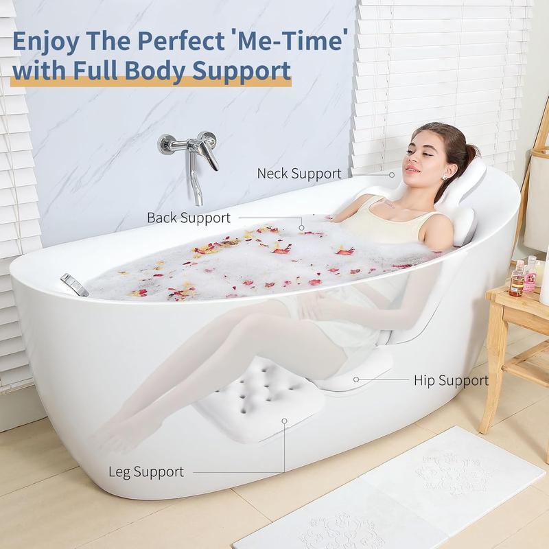 Luxury Bath Cushion, Full Body Bathtub Pillow with 160 Suction Cups, Bath Mat for Head and Neck Support, with Laundry Bag (White, 51.2