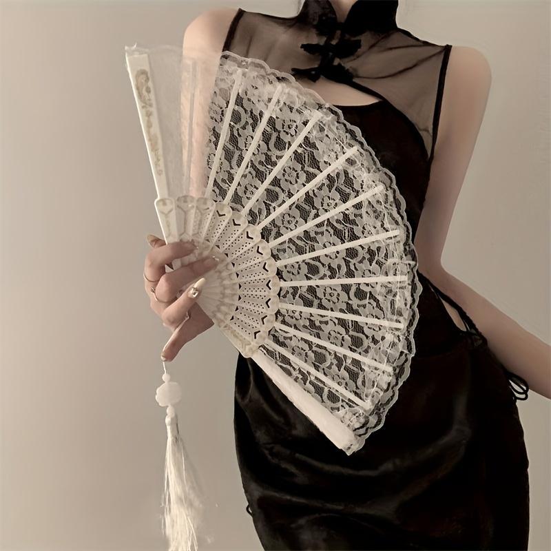 Women's Black Lace Folding Fan-Traditional Chinese Style, Handheld Flower Pattern, Perfect for Role Play with Cheongsam Accessories