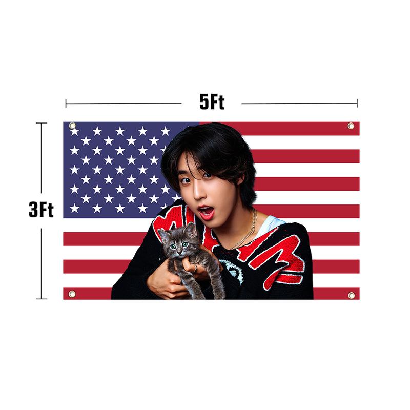 SKZ Han with a Kitten American Flag 3x5ft K-Pop Tapestry, K-Pop Merchandise, Fan Gifts, Wall Hanging, Room Decor, Wall Hanging, Fan Art