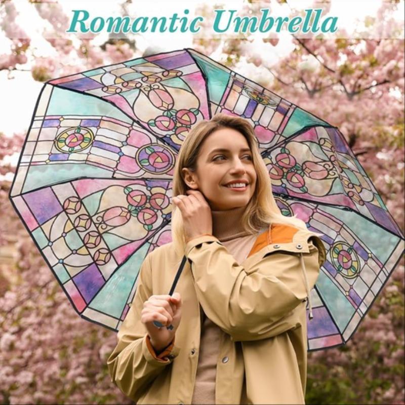 Stained Glass Pattern Folding Umbrella, 1 Count Creative Colorful Umbrella, Automatic Style Umbrella for Women & Men, Party & Festive Decoration Supplies