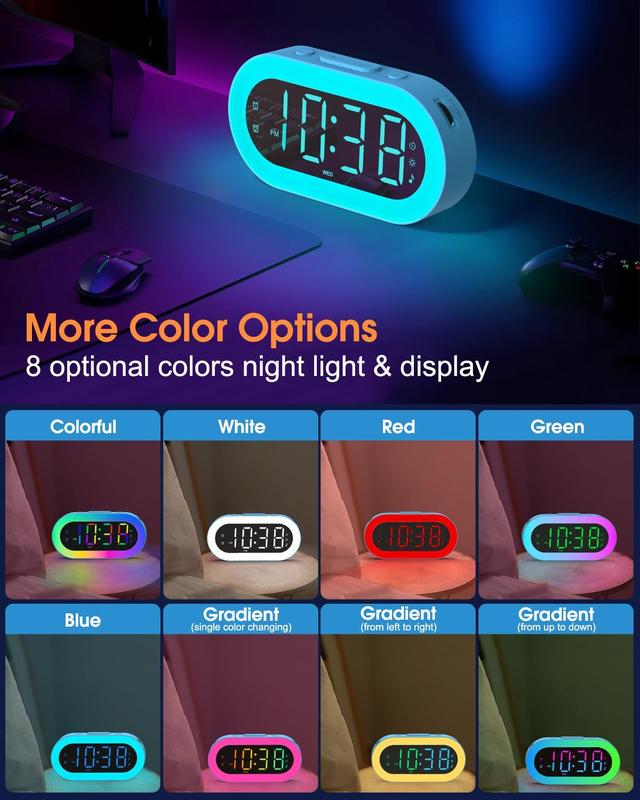 Kids Alarm Clock with Night Light for Bedroom, Color Changing Alarm Clock with USB Ports, Dimmer, Timer, Sound Machine, Customize Alarm, Small Alarm Clock for Kids Teen Boys Girls Adult, Bedside Clock