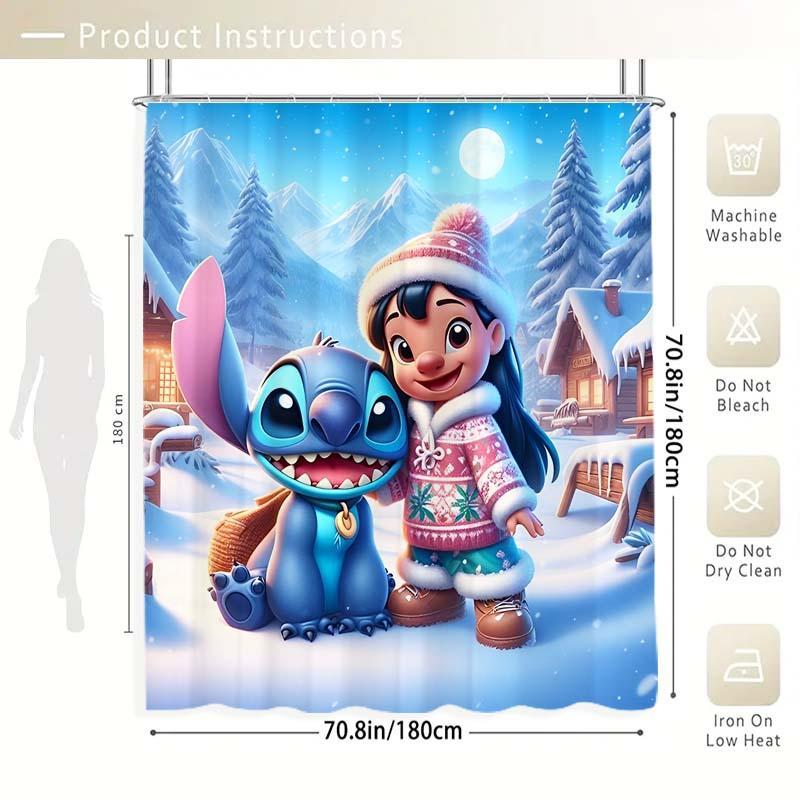 Lilo & Stitch Pattern Shower Curtain, 1 Count Waterproof Bathroom Curtain with Hooks, Bathroom Decor Supplies for Home Hotel Salon Dormitory