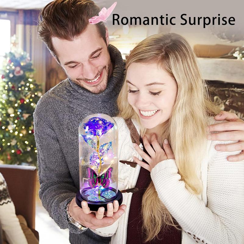 Glass Rose, for Mom, Valentines Day Gifts for Her with Greeting Card, Galaxy Purple Butterfly Eternal Rose in A Glass Dome