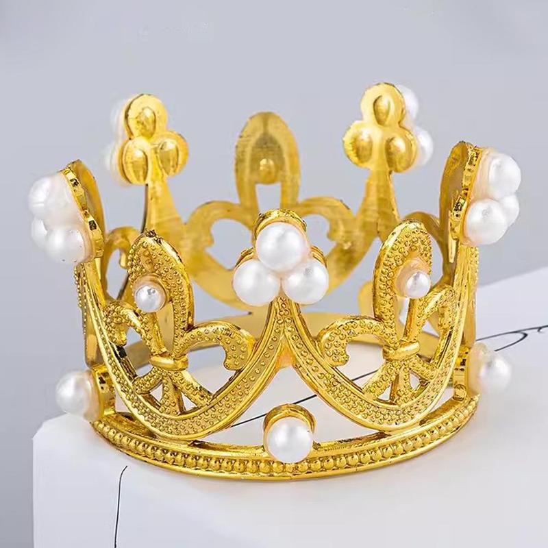 Crown Shaped Cake Topper, 4 Counts set Golden Faux Pearl Decorated Crown for Wedding Bridal Shower Birthday, Cake Supplies, Baking Supplies, Summer Gifts