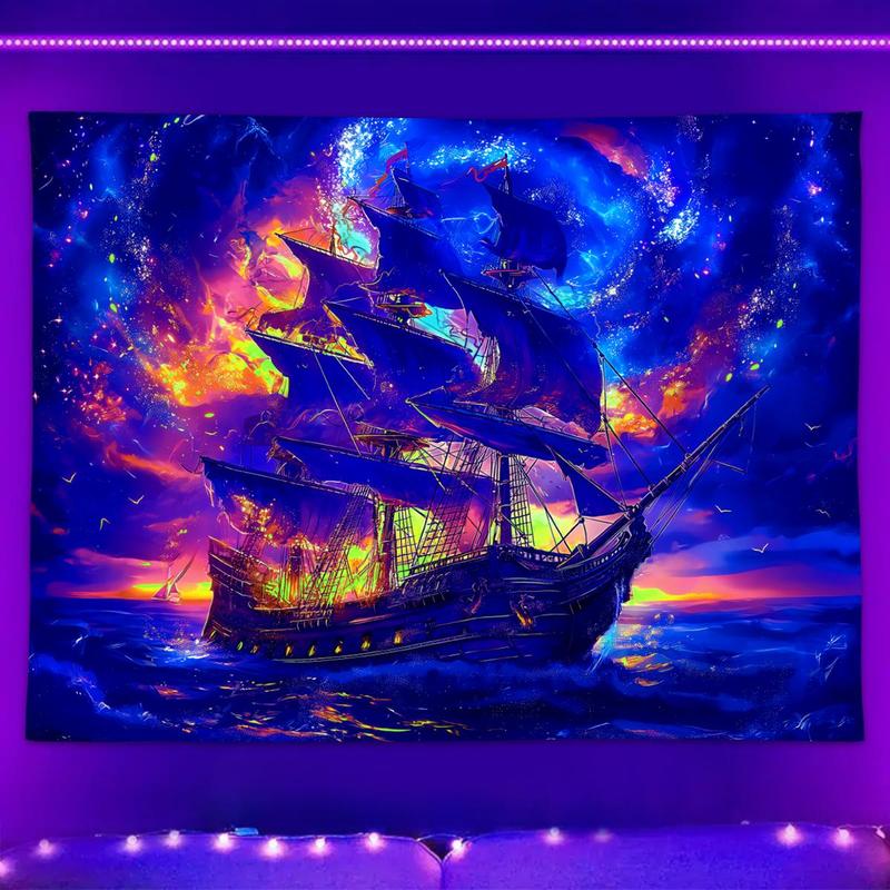 Retro Ship Pattern Tapestry, 1 Count UV Reactive Fluorescent Tapestry, Starry Sky & Cloud Sailing Decoration Wall Art for Home Living Room Bedroom