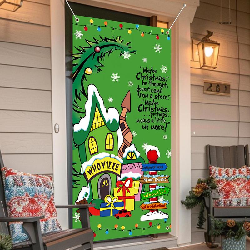 Merry Christmas Door Cover, Cartoon Pattern Door Hanging Banner, Winter Holiday Party Decorations Backdrop, Home Decor Supplies