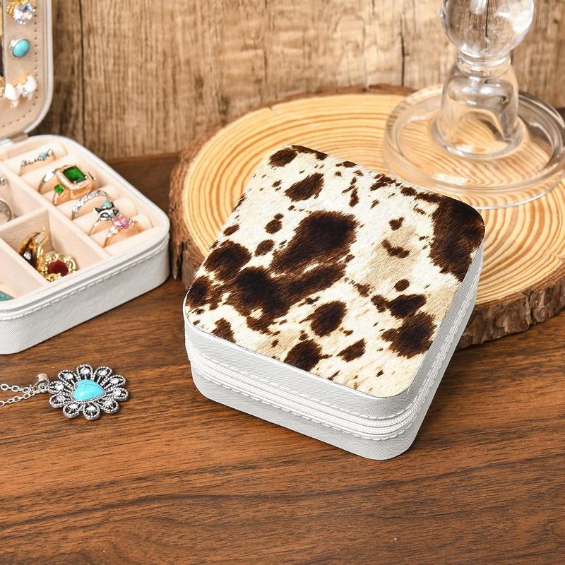 Western Jewelry Box Case Real Leather Cow Print Cowhide Tooled Travel Jewelry Organizer Gifts Christmas Gifts for Women Country Girls Cowgirl Stuff Portable Travel Accessories -Brown