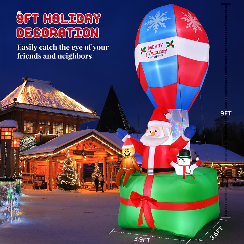 9 FT Christmas Inflatables Outdoor Decoration, Colorful Dynamic LED Lighted Santa with Gingerbread Man and Snowman, Gift Box with Giant Balloon Blow Up Yard Decorations for Xmas