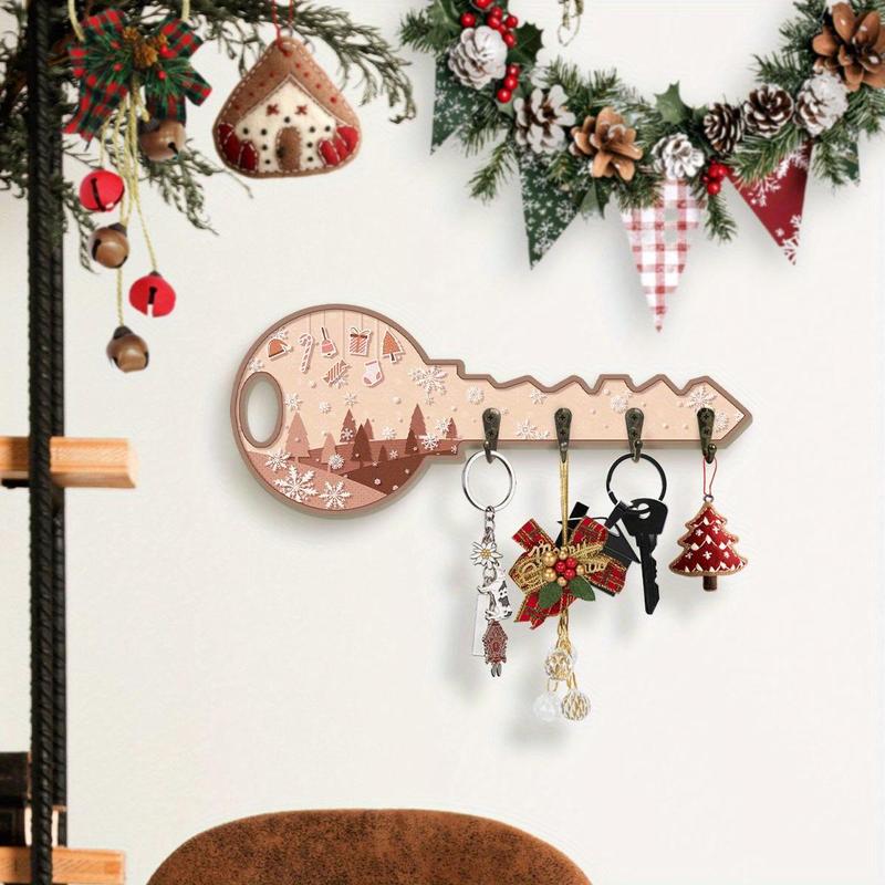 Wooden Key Hanging Board, 1 Count Snowflakes Christmas Tree Pattern Wall Key Chain Decoration, Wall Key Hook for Entrance Corridor Front Door