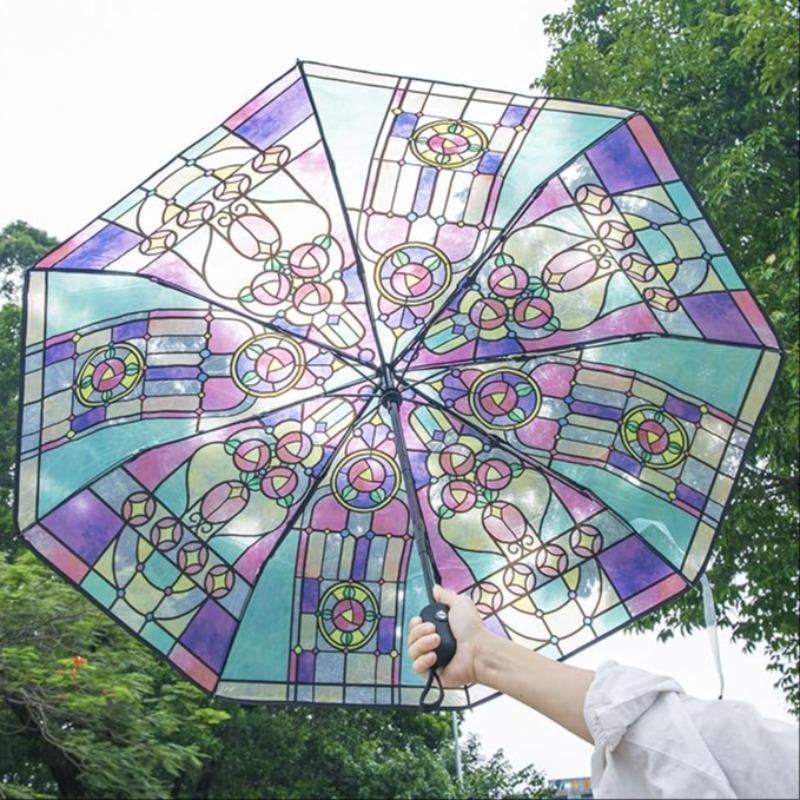 Stained Glass Pattern Folding Umbrella, 1 Count Creative Colorful Umbrella, Automatic Style Umbrella for Women & Men, Party & Festive Decoration Supplies