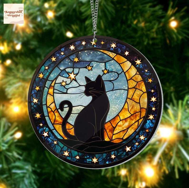 Cat On Moon Acrylic Window Hanging, Black Cat Decoration Ornament, Cat Lovers Gift, Home Decor, Cat Mom Gift, Halloween Black Cat Gift