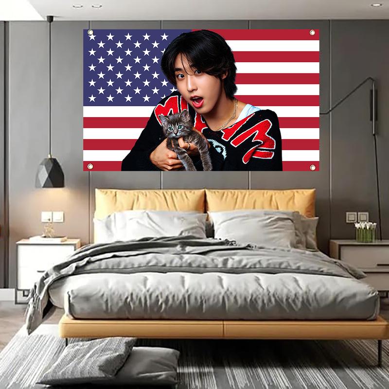 SKZ Han with a Kitten American Flag 3x5ft K-Pop Tapestry, K-Pop Merchandise, Fan Gifts, Wall Hanging, Room Decor, Wall Hanging, Fan Art