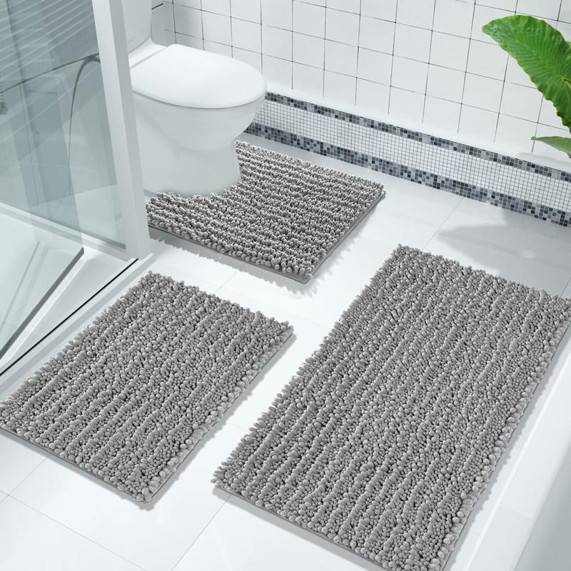 Bathroom Toilet Rugs Sets 3 Piece, Extra Soft Absorbent Chenille Bath Mat Set with U-Shaped Toilet Rug, Fluffy Shaggy Machine Washable Bath Rugs for Bathroom Shower and Tub, Non Slip, Grey