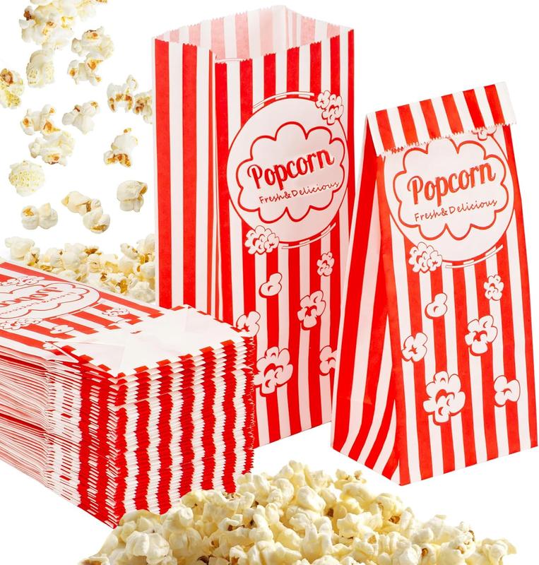 100 Popcorn Bags Individual Servings - Flat Bottom Paper Popcorn Food Bags Party Pop Corn Sleeves Bulk Carnival Halloween Snack Pack Gift Favor Treat bolsas para palomitas Movie Night Supplies