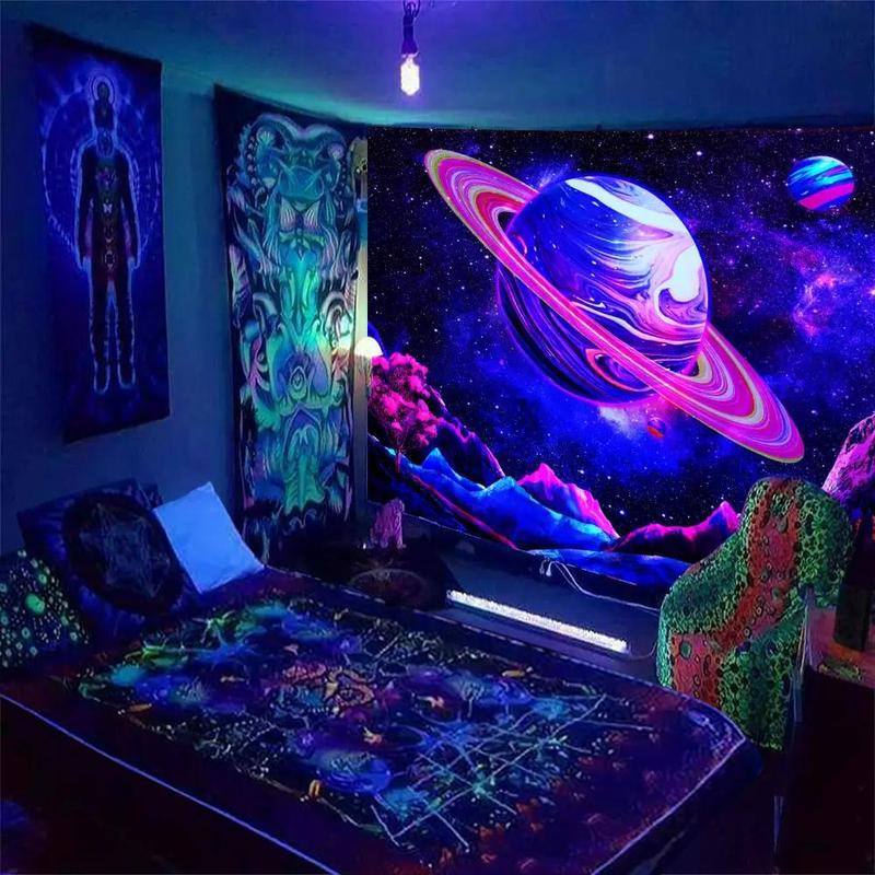 Starry Sky Print Tapestry, 1 Count UV Black Light Wall Hanging Blanket For Living Room Bedroom Dorm Room Home Decor, With Free Installation Accessories