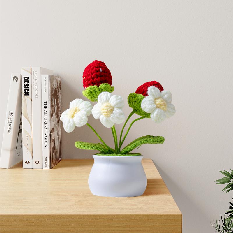 Handmade Crochet Bouquet Potted Flowers, Artificial Flower Potted Plant, Knitted Artificial Forever Flowers with Exquisite Pot Decor Decorative Fruit Decoration Gift Ornaments