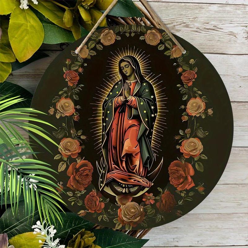 Vintage Virgin Mary Pattern Hanging Sign, Round Wooden Hanging Decoration, Wall Art Decoration, Farmhouse Porch Decor, Home Decor