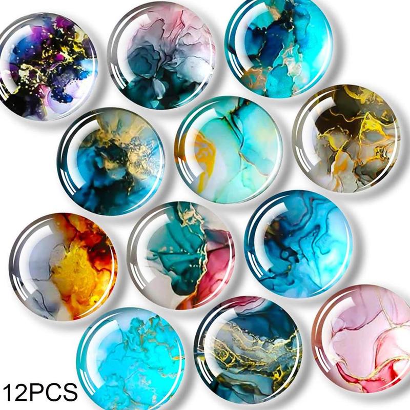 Marble Pattern Round Gemstone Glass Magnet, 12pcs set Creative Mixed Color Fridge Magnet, Fridge Magnet Sticker for Home Decor