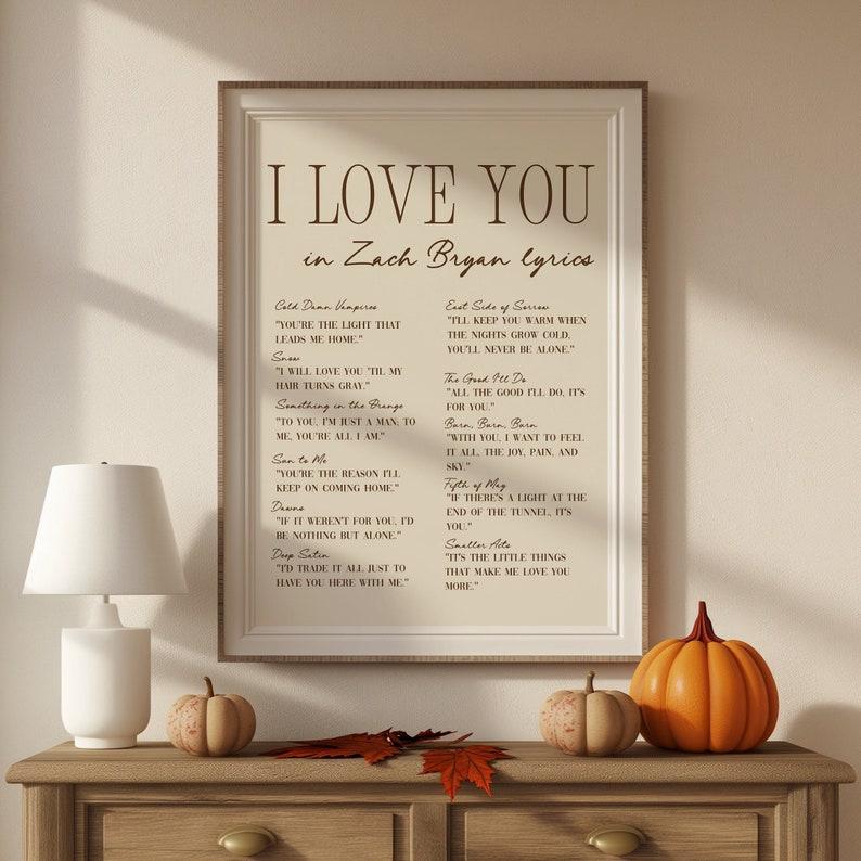 I love you Lyrics - ZB Art Print, Preppy wall art, Coastal Cowgirl, Romantic Print, College Apartment Home Decor