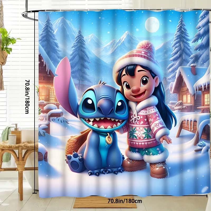 Lilo & Stitch Pattern Shower Curtain, 1 Count Waterproof Bathroom Curtain with Hooks, Bathroom Decor Supplies for Home Hotel Salon Dormitory