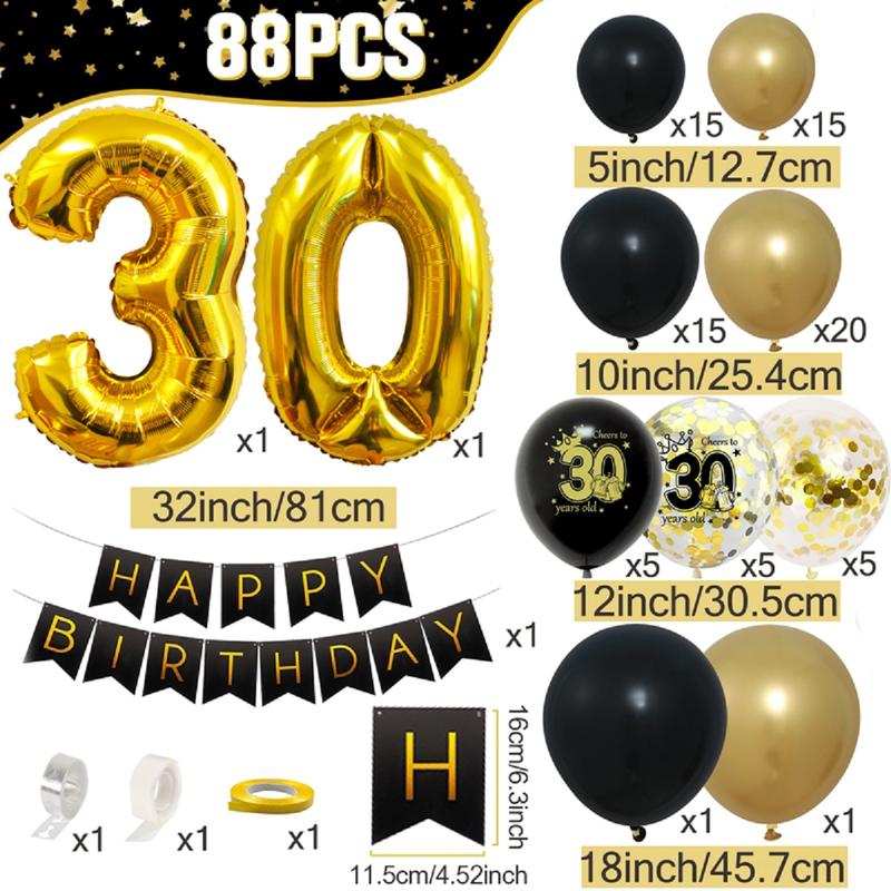 30th Birthday Balloon Garland Banner Set,88pcs Gold Black 30 Birthday Confetti Balloon Decoration,30 Years Old Happy 30th Birthday Party Banner Decor