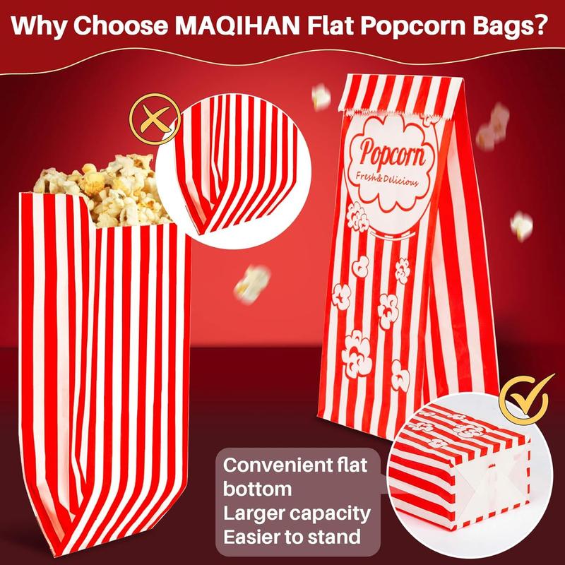 100 Popcorn Bags Individual Servings - Flat Bottom Paper Popcorn Food Bags Party Pop Corn Sleeves Bulk Carnival Halloween Snack Pack Gift Favor Treat bolsas para palomitas Movie Night Supplies