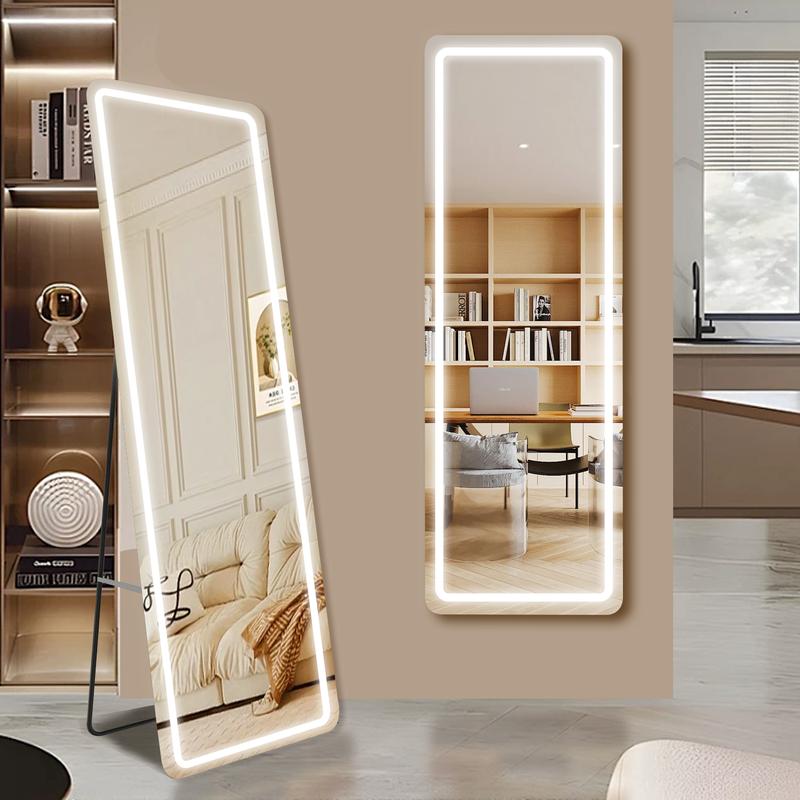 PINGO 3 Color LED Stand Mirror, Sturdy and Durable Floor Mirror with Dimmable Adjustable Brightness, No Assembly Required, For Home Bedroom, For Girl Lady Women, 62*16inch