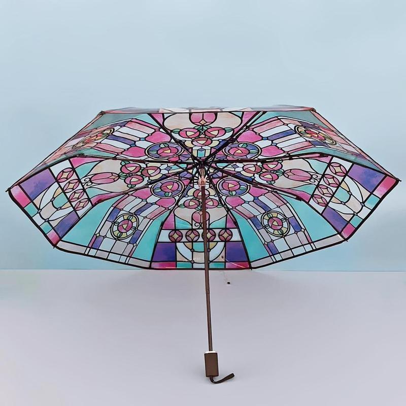 Colorful Glass Painting Pattern Umbrella, Portable Clear Automatic Folding Umbrella, Sunny and Rainy Day Dual-use Creative Umbrella for Outdoor