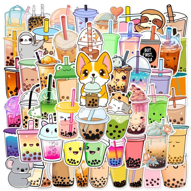 Cartoon Fresh Milk Tea Series Decorative Sticker, 50pcs Creative Waterproof Sticker For DIY Scrapbook Luggage Decoration, Self-adhesive Naughty Stickers