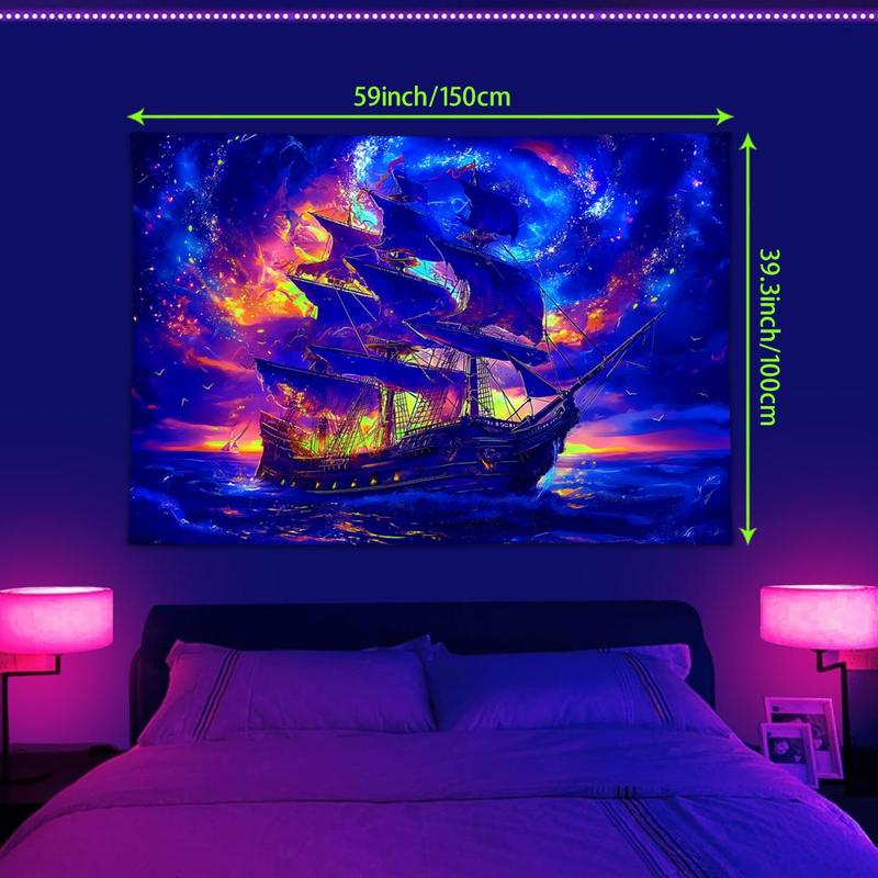 Retro Ship Pattern Tapestry, 1 Count UV Reactive Fluorescent Tapestry, Starry Sky & Cloud Sailing Decoration Wall Art for Home Living Room Bedroom