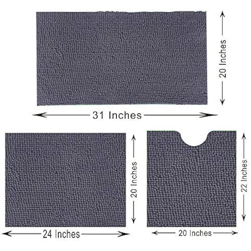 Chenille Bath Rug Set 4 Piece with Toilet Lid Cover and Rug Set Combo, Soft Shaggy Bath Rug Set 3 Piece and U-Shaped Toilet Floor Rug Dark Gray