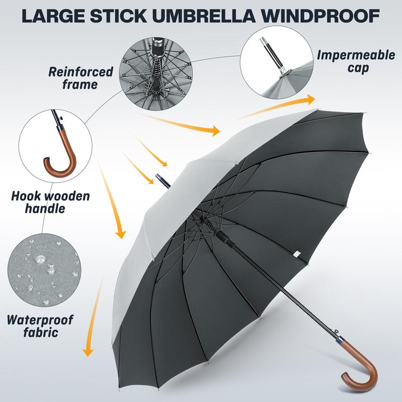 Golf Umbrellas Large Stick Umbrella With Wood Hook Handle 55 Inch - Automatic Open Classic Golf Umbrellas Windproof 12 Ribs - Curved Handle Business Umbrella Cane, Long Umbrella With J Hook for Men Women by zomake