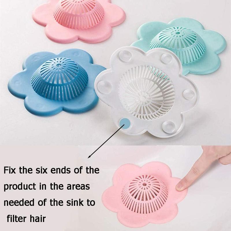 Silicone Flower Shaped Hair Catcher, 4 Counts Shower Drain Cover with Suction Cup, Bathroom Gadgets