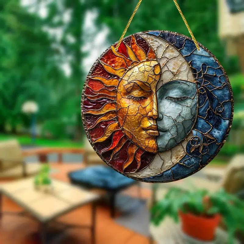 Sun & Moon Design Acrylic Hanging Decor, Creative Round Hanging Ornament, Outdoor Hanging Decor for Garden, Patio, Yard, Home Decor