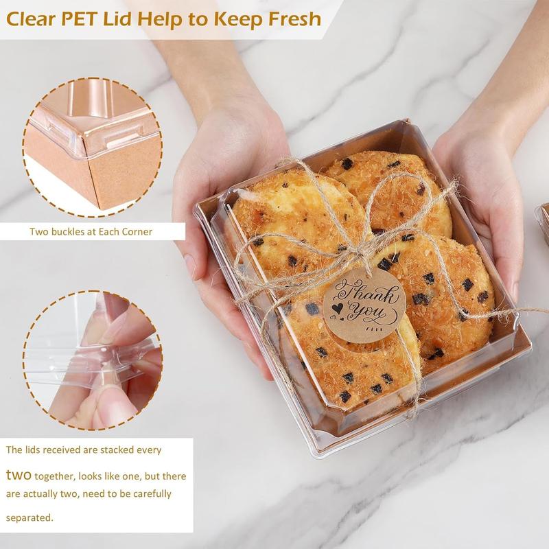 100 Pack Paper Charcuterie Boxes with Clear Lids, 5“ Brown Dessert Boxes Cookie Square Boxes, Disposable Food Containers for Strawberry Dessert Fruit