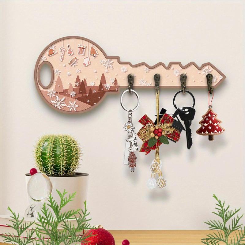 Wooden Key Hanging Board, 1 Count Snowflakes Christmas Tree Pattern Wall Key Chain Decoration, Wall Key Hook for Entrance Corridor Front Door