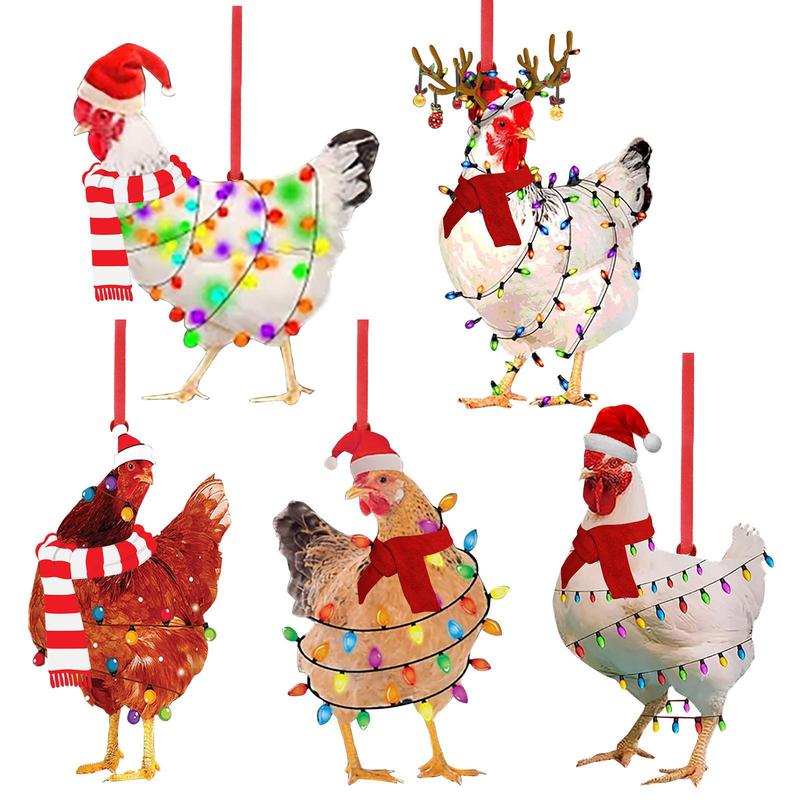 Christmas Chicken Shaped Hanging Ornament, 5 Counts set Cute Chicken Design Hanging Decoration, Christmas Tree Decoration, Festive & Party Supplies