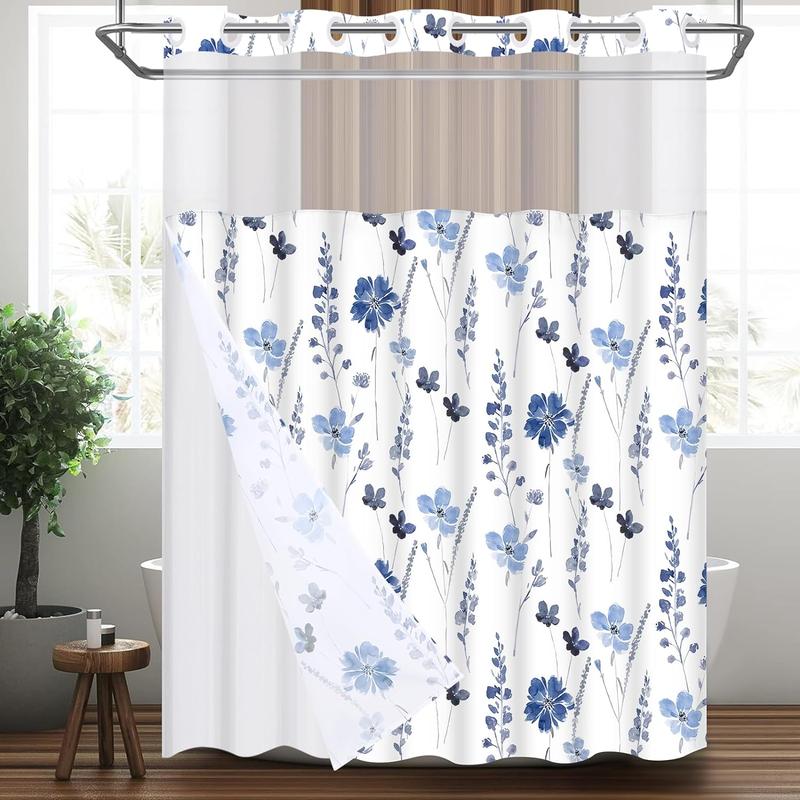 Alishomtll No Hook Shower Curtain with Snap in Liner, Blue Watercolor Floral Shower Curtain with Liner, Hotel Style Shower Curtain with See Through Top Window, Double Layer, Waterproof