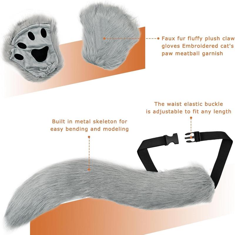 Mask and Tail Kit Faux Furrfy Fox Mask Cat Paws Gloves and Ears for Kid & Adult Cosplay Party