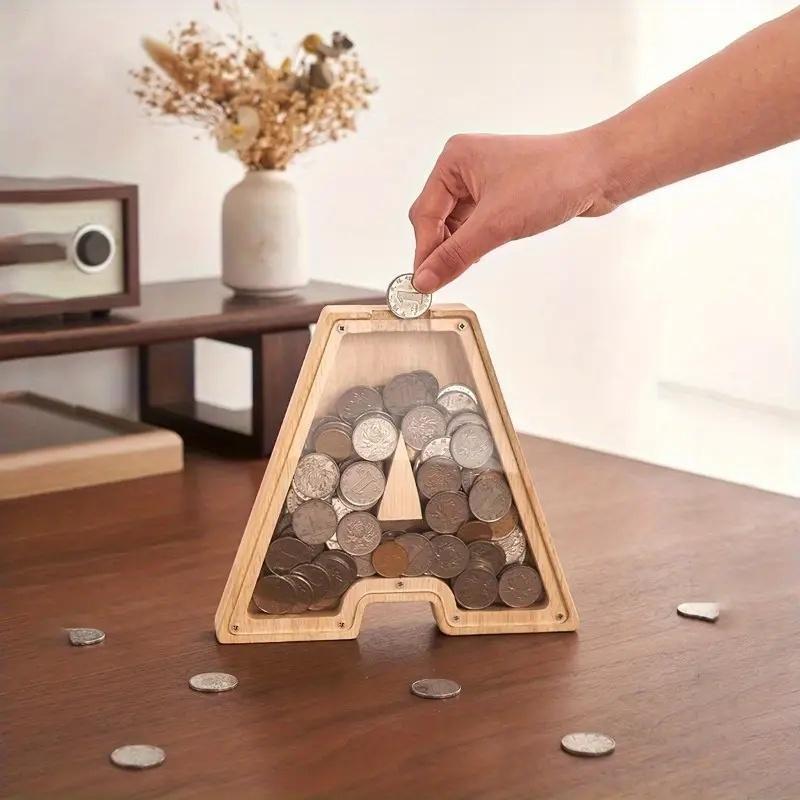 Wooden Letter Shaped Piggy Bank, Transparent Coin Storage Box, Coin Organizer for Home Office, Room Decor