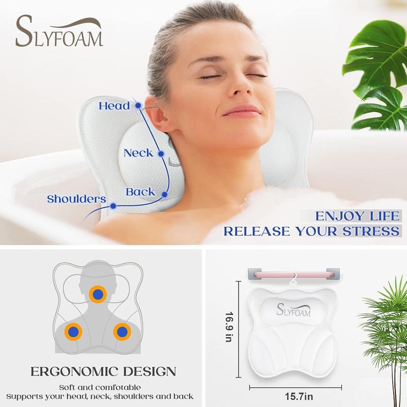 Bath Pillow for Tub Neck and Back Support Pillow Essential Bath Accessory for Soaking, Jacuzzi or Spa Bathtub, Luxury Soft 4D Bath Tub Pillow with Strong Suction Cups for Body Relaxing - White