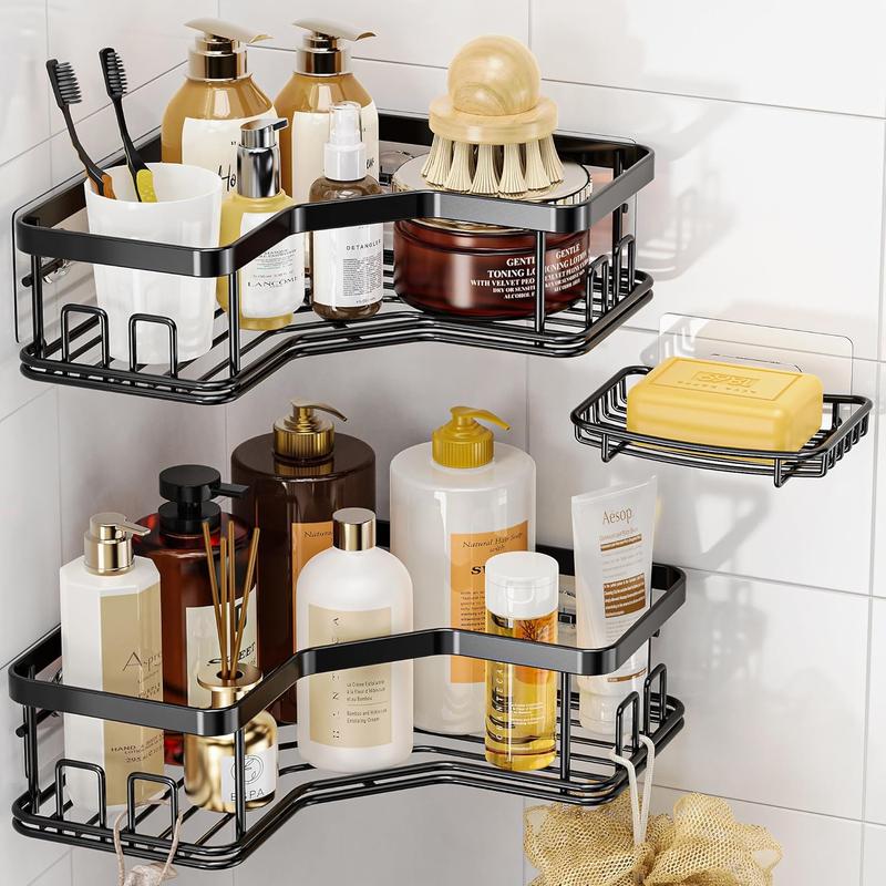 MAXIFFE Shower Caddy, 3 5Pack Wall Mounted Corner Organizer with Soap Holder and 8 Hooks, Black Storage Shelf for Bathroom, Kitchen, and Countertops