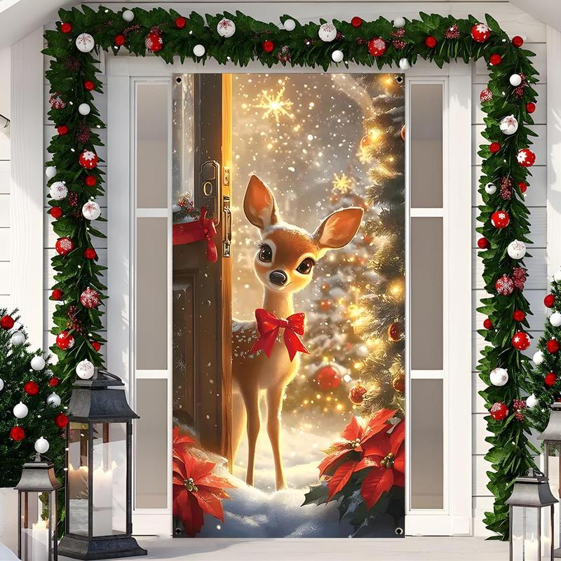 Christmas Themed Door Curtain, 1 Count Cute Reindeer Pattern Door Banner, Festive Backdrop for Home Living Room Bedroom, Party Decoration Supplies