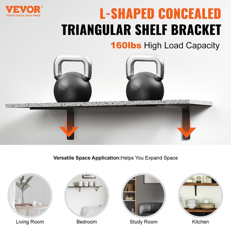 VEVOR Shelf Bracket, 16 x 6 in 4 Pcs, Heavy Duty Floating Shelf Brackets, Brackets for Shelves, 10mm Thick Matte Black L Shelf Bracket,Steel Shelving Brackets with 160 lbs Load Capacity Decor Hand