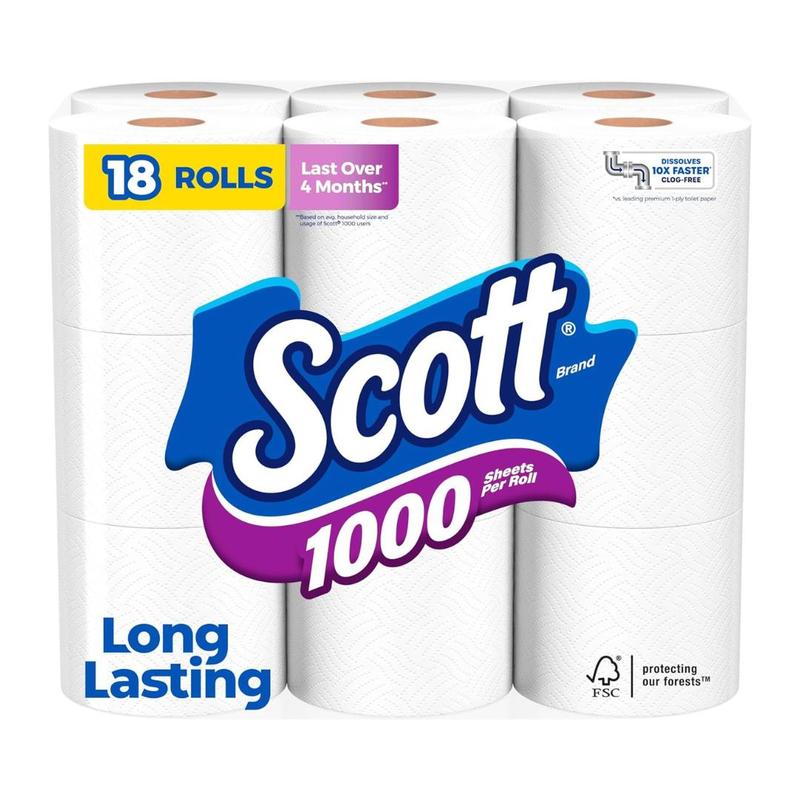 1000 Toilet Paper, 18 Rolls, Septic-Safe, 1-Ply Toilet Tissue