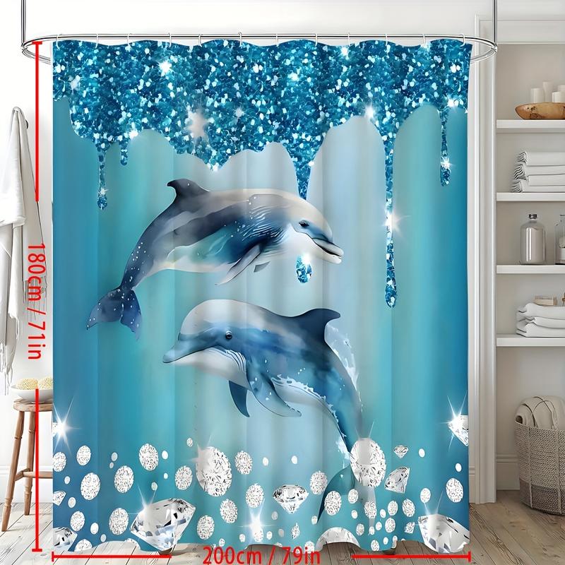 Shower Curtain Set Diamonds Dolphins Luxurious Curtain Waterproof with 12 Hooks for Home Bathroom Decoration Christmas Shower Curtain Gift Ideas